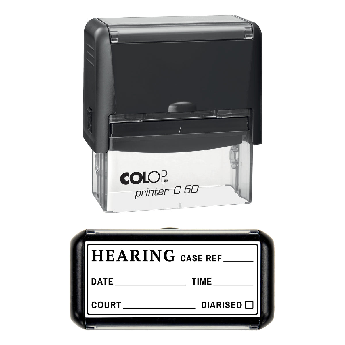 Stamp showing the Hearing design, 70 x 30mm COLOP C50 self-inking stamp, black ink
