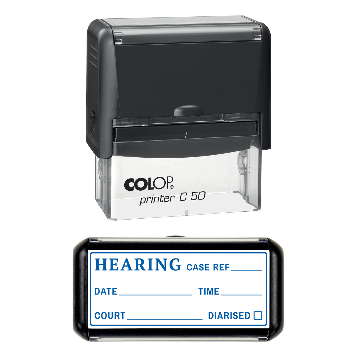 Stamp showing the Hearing design, 70 x 30mm COLOP C50 self-inking stamp, blue ink