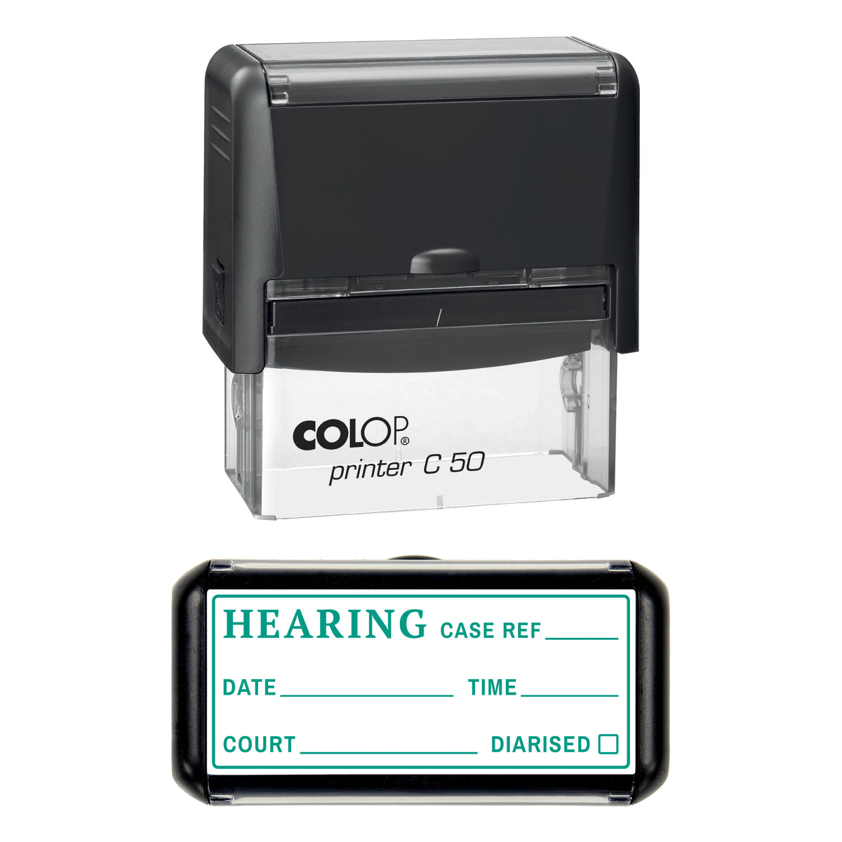 Stamp showing the Hearing design, 70 x 30mm COLOP C50 self-inking stamp, green ink