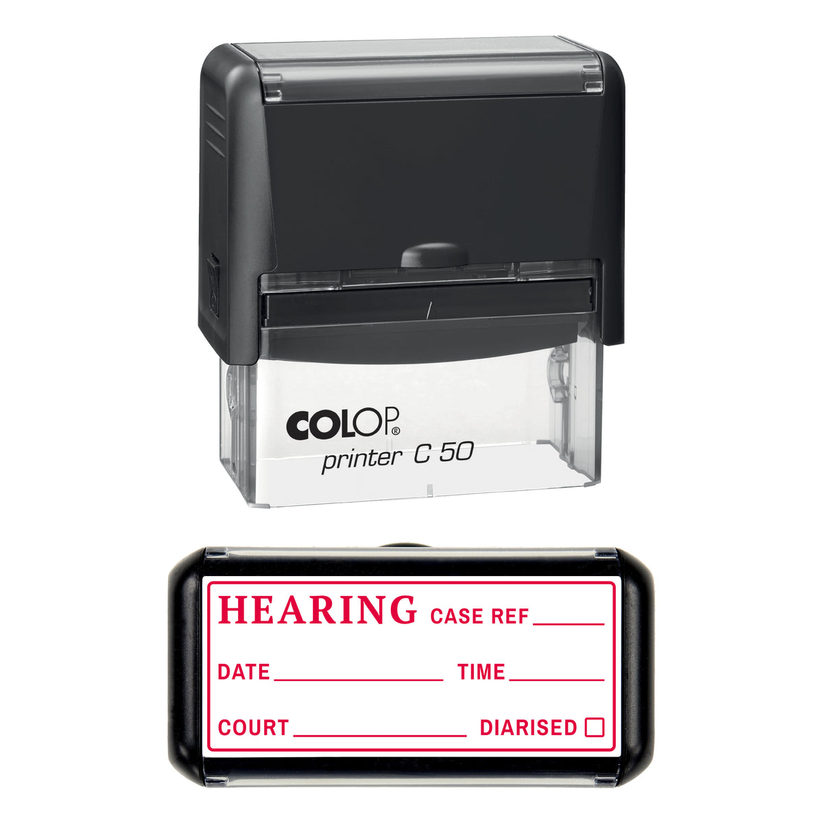 Stamp showing the Hearing design, 70 x 30mm COLOP C50 self-inking stamp, red ink