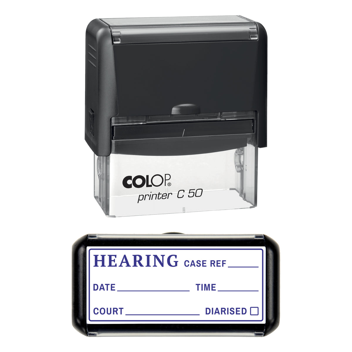 Stamp showing the Hearing design, 70 x 30mm COLOP C50 self-inking stamp, violet ink