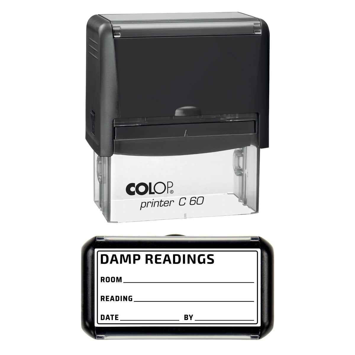 Stamp showing the Damp Readings design, 77 x 36mm COLOP C60 self-inking stamp, black ink