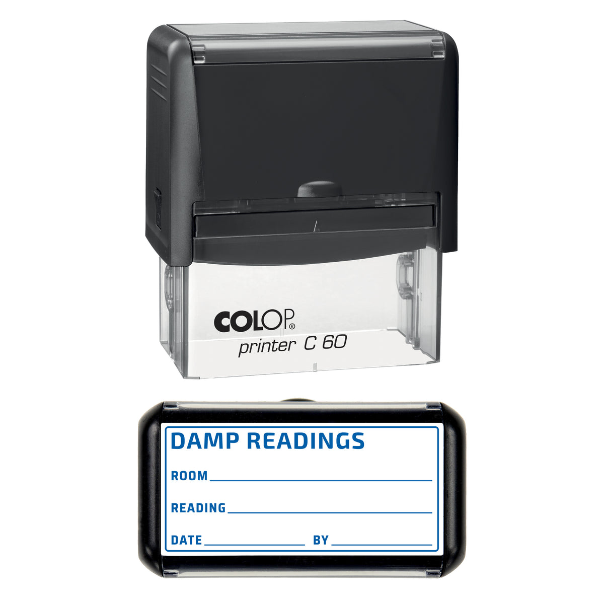 Stamp showing the Damp Readings design, 77 x 36mm COLOP C60 self-inking stamp, blue ink