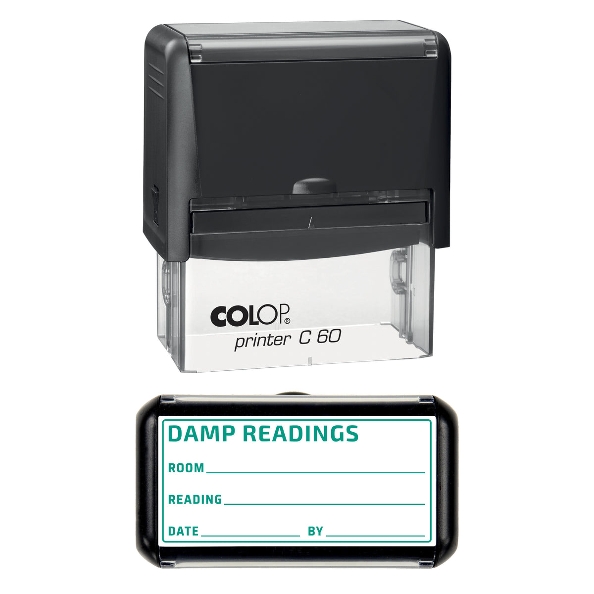 Stamp showing the Damp Readings design, 77 x 36mm COLOP C60 self-inking stamp, green ink