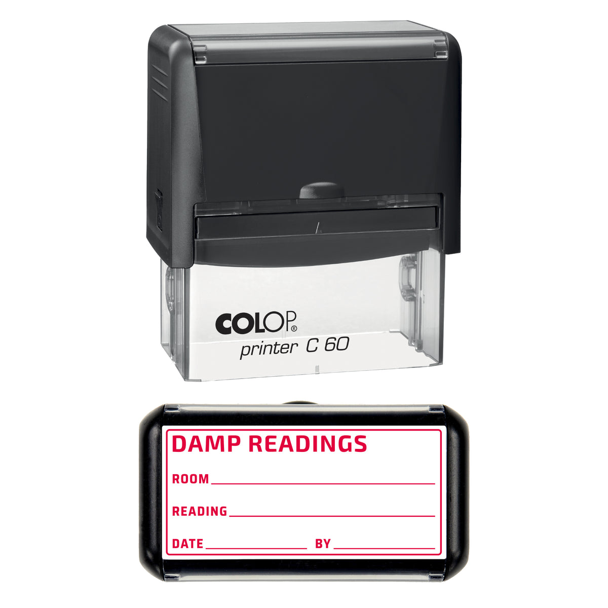 Stamp showing the Damp Readings design, 77 x 36mm COLOP C60 self-inking stamp, red ink