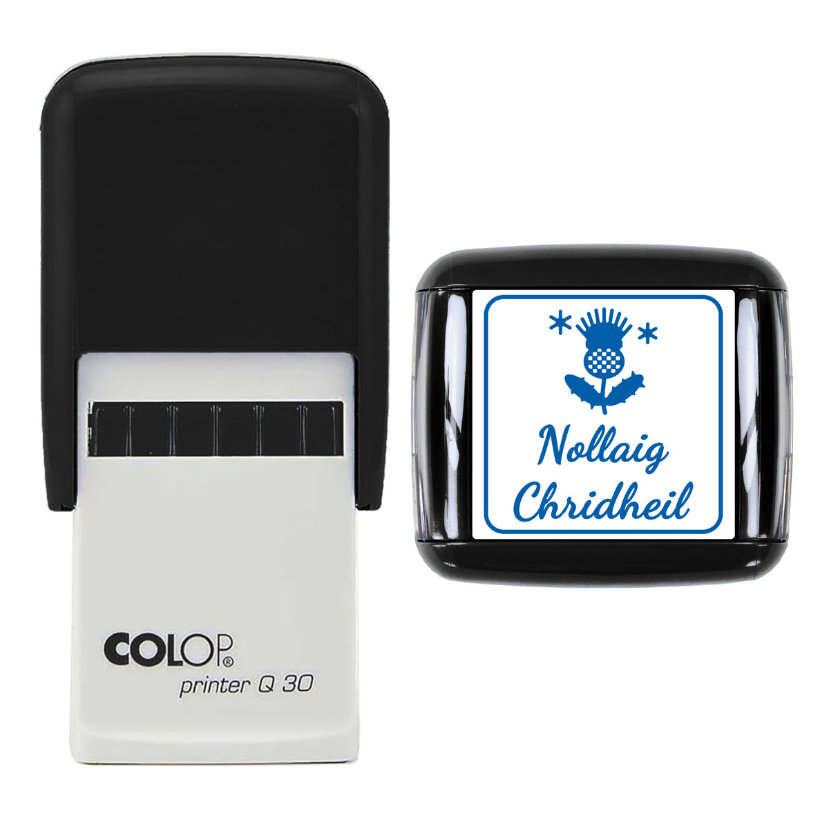 Nollaig Chridheil Christmas Greeting Stamp, COLOP Q30, 30 x 30mm, blue ink