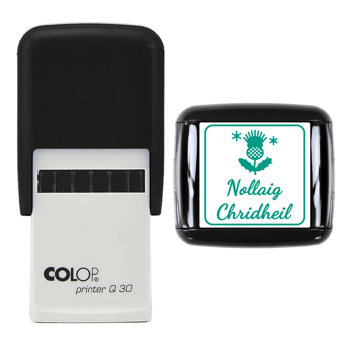 Nollaig Chridheil Christmas Greeting Stamp, COLOP Q30, 30 x 30mm, green ink