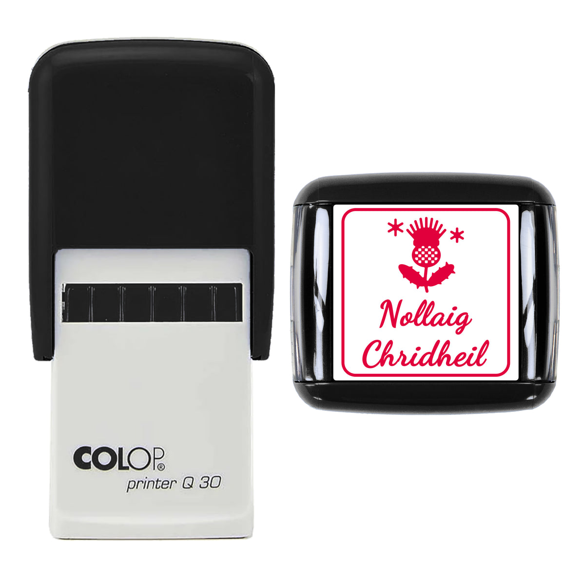 Nollaig Chridheil Christmas Greeting Stamp, COLOP Q30, 30 x 30mm, red ink