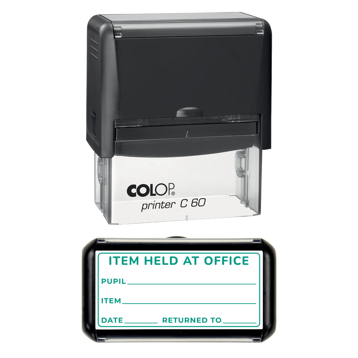 Stamp showing the Item Held at Office design, 77 x 36mm COLOP C60 self-inking stamp, green ink