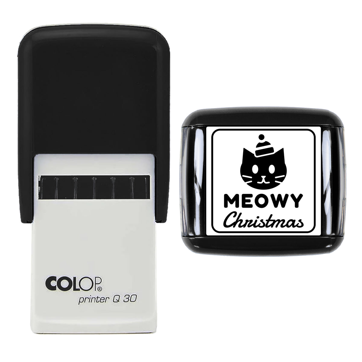 Meowy Christmas Cat Stamp, COLOP Q30, 30 x 30mm, black ink