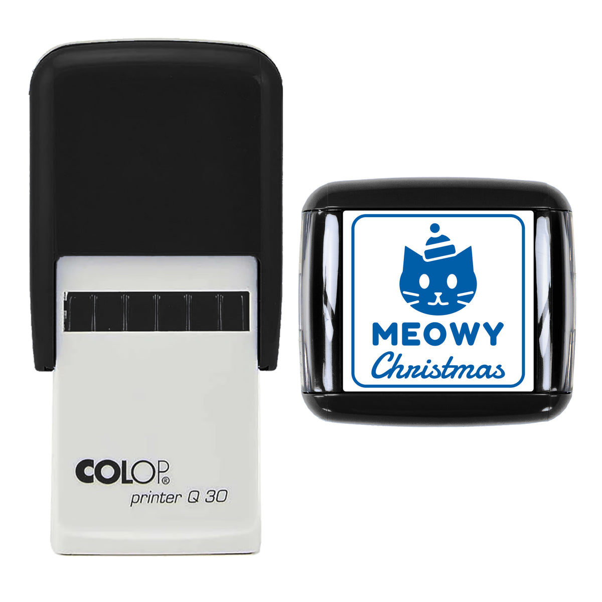 Meowy Christmas Cat Stamp, COLOP Q30, 30 x 30mm, blue ink