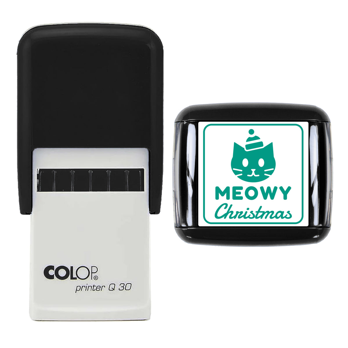 Meowy Christmas Cat Stamp, COLOP Q30, 30 x 30mm, green ink