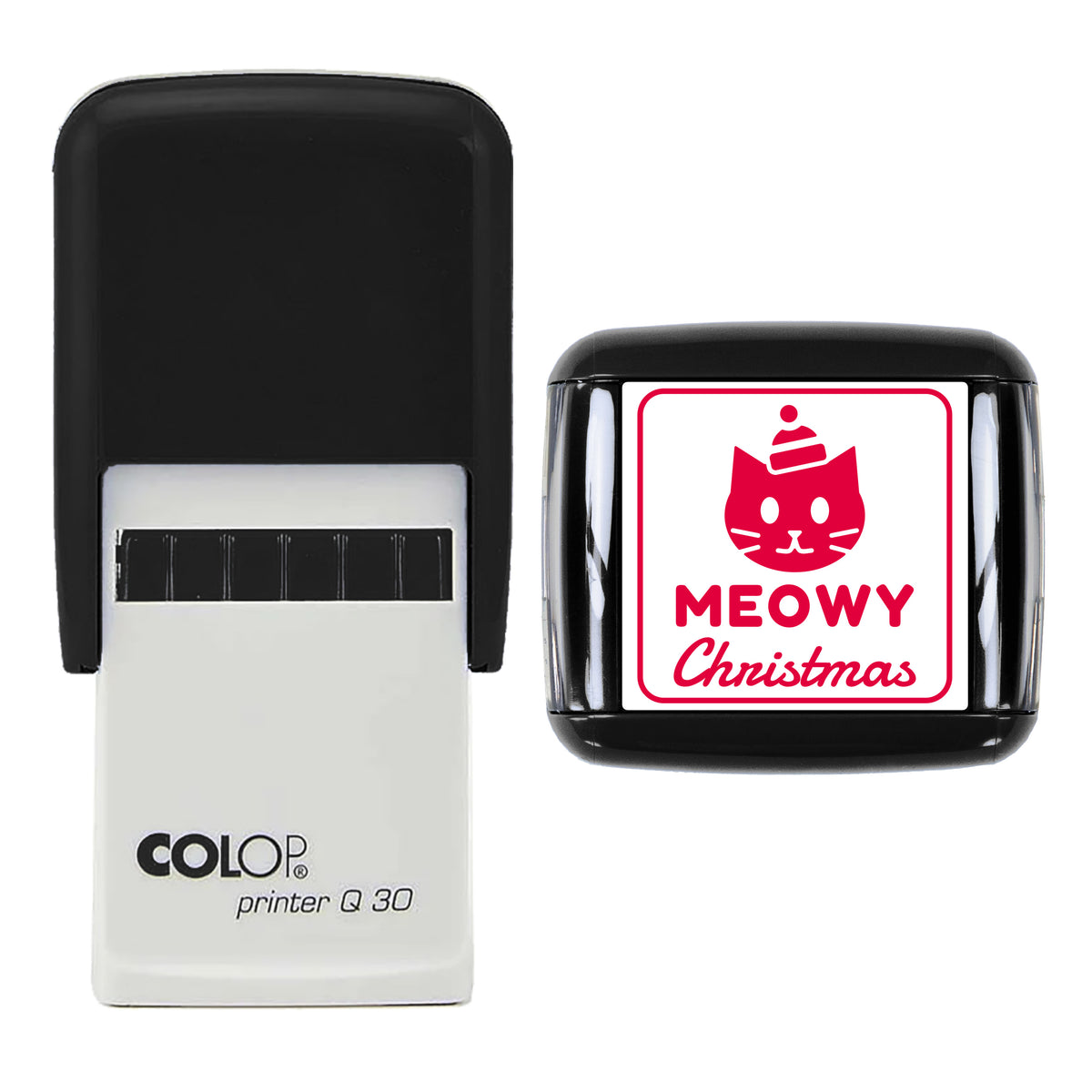Meowy Christmas Cat Stamp, COLOP Q30, 30 x 30mm, red ink