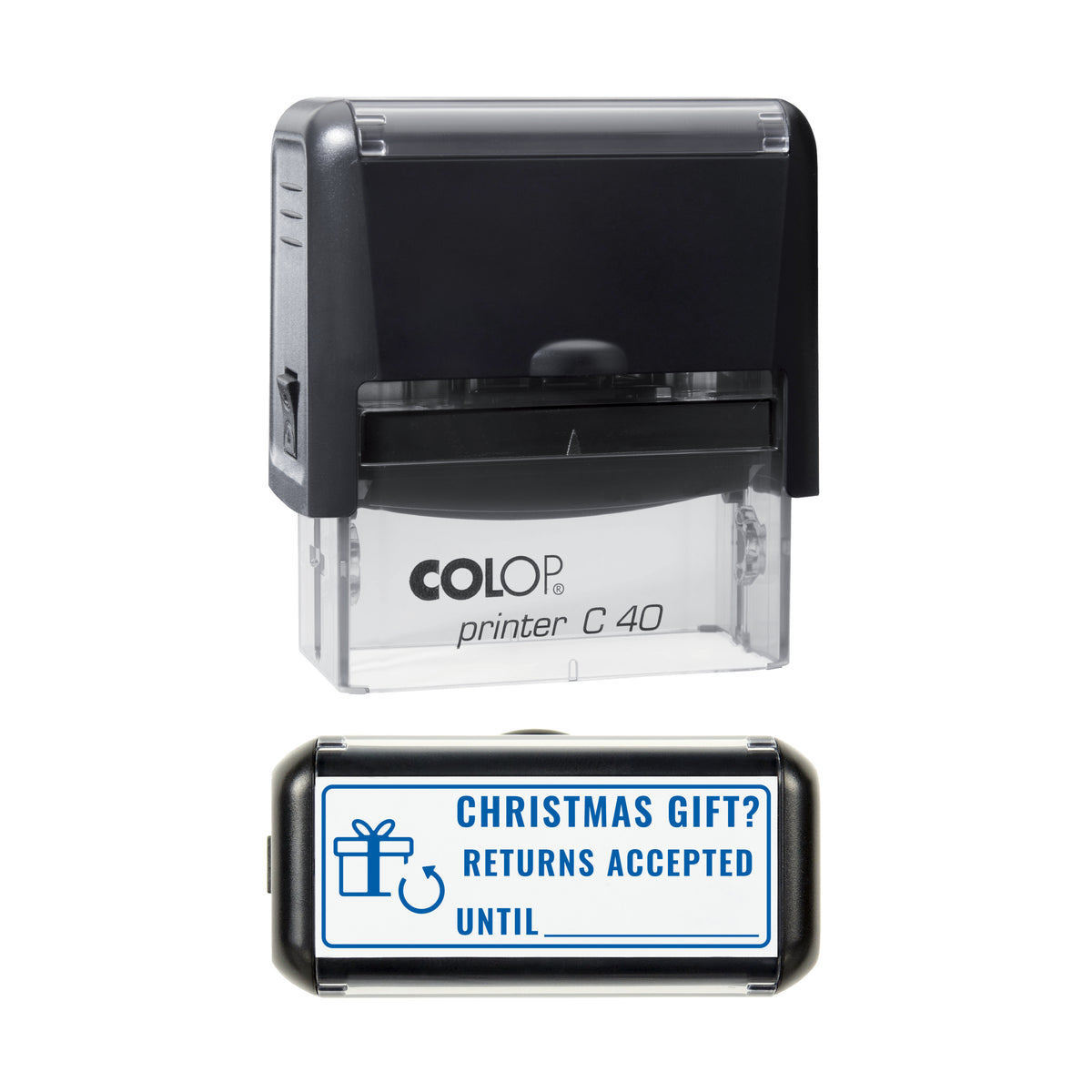 Christmas Gift Returns Until Stamp, COLOP C40, 58 x 22mm, blue ink