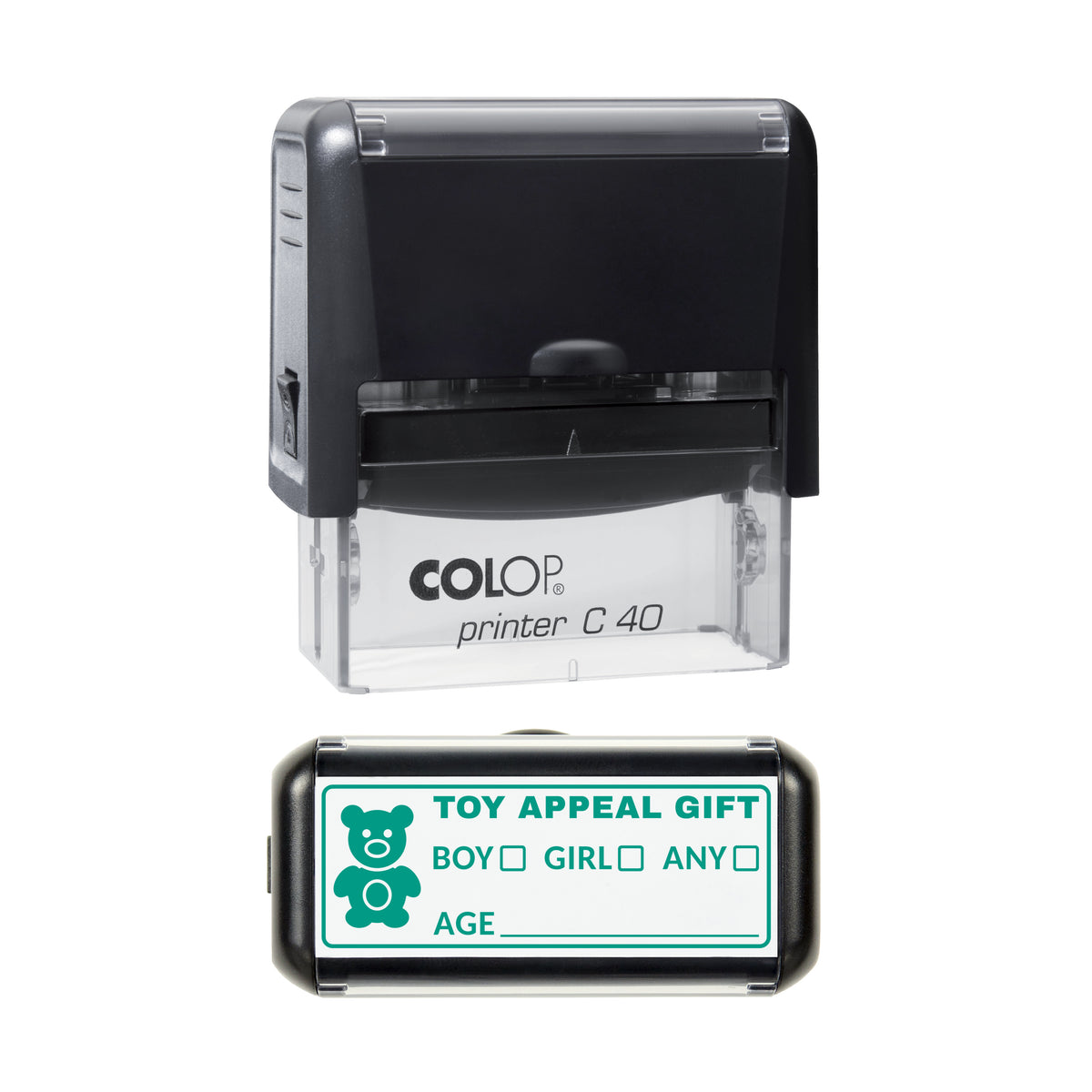 Christmas Toy Appeal Gift Label Stamp, COLOP C40, 58 x 22mm, green ink