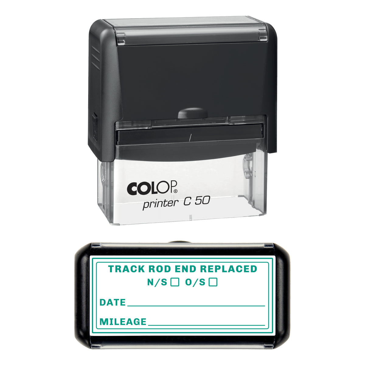 Stamp showing the Track Rod End Replaced design, 70 x 30mm COLOP C50 self-inking stamp, green ink