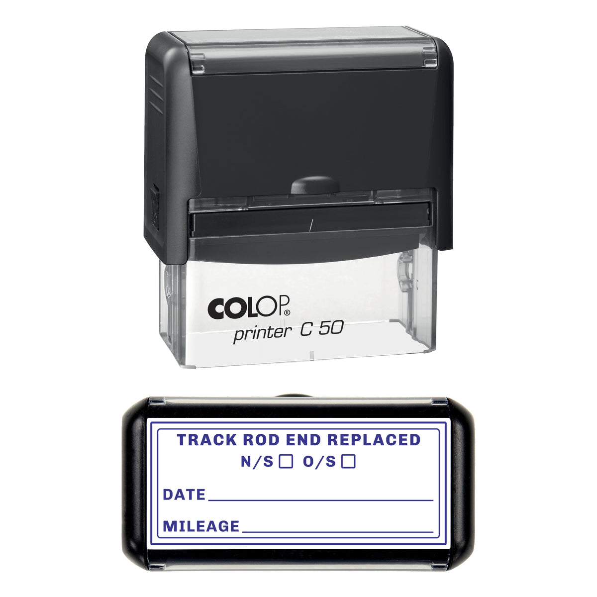 Stamp showing the Track Rod End Replaced design, 70 x 30mm COLOP C50 self-inking stamp, violet ink