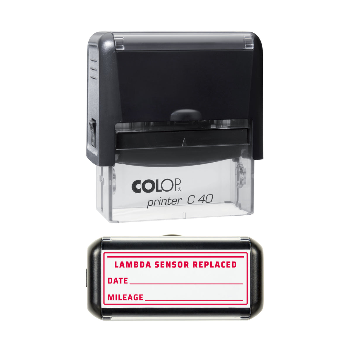 Stamp showing the Lambda Sensor Replaced design, 58 x 22mm COLOP C40 self-inking stamp, red ink