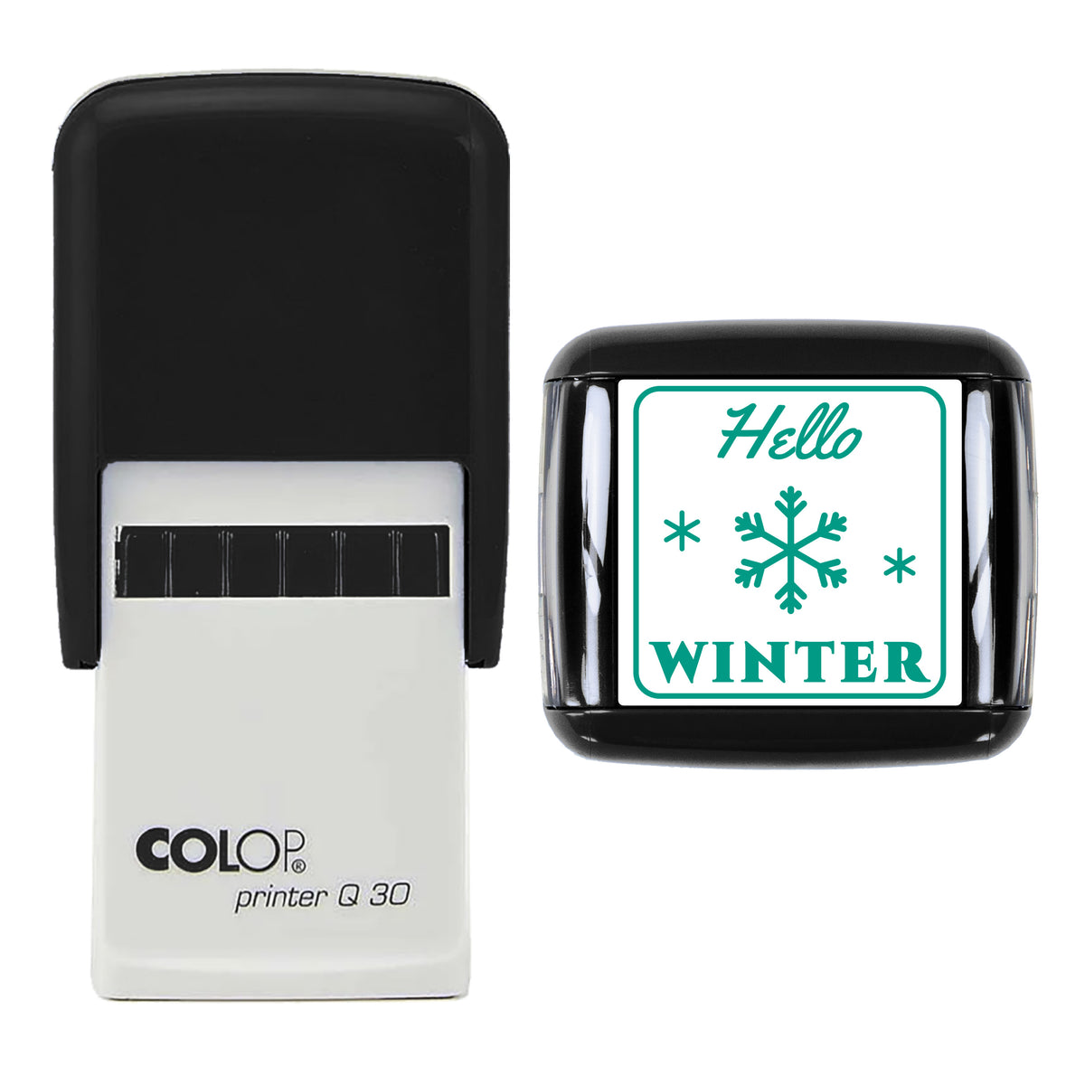 Hello Winter Snowflake Stamp, COLOP Q30, 30 x 30mm, green ink