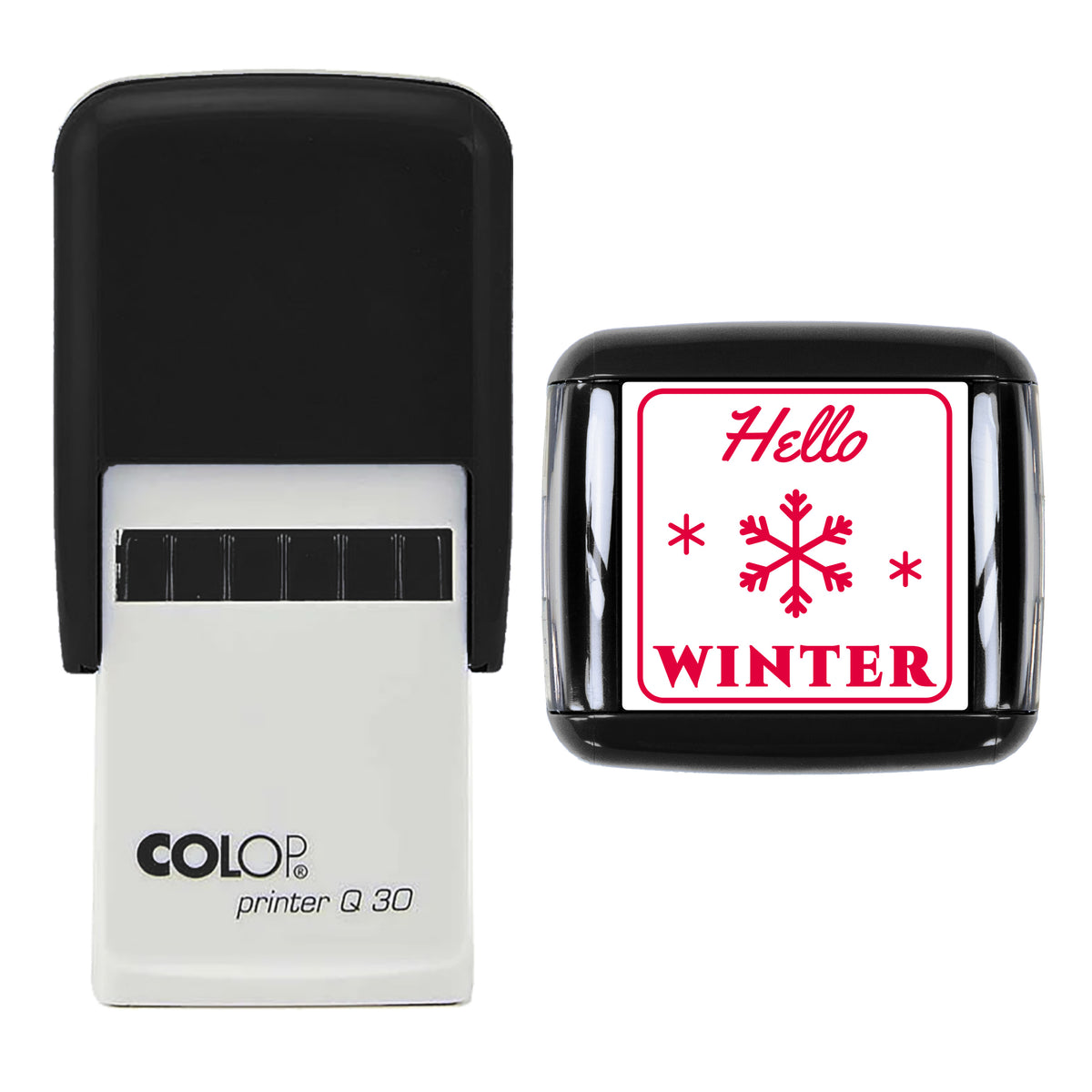 Hello Winter Snowflake Stamp, COLOP Q30, 30 x 30mm, red ink