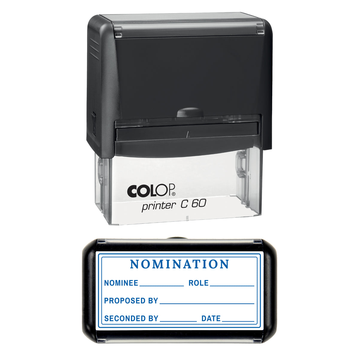 Stamp showing the AGM Nomination design, 77 x 36mm COLOP C60 self-inking stamp, blue ink