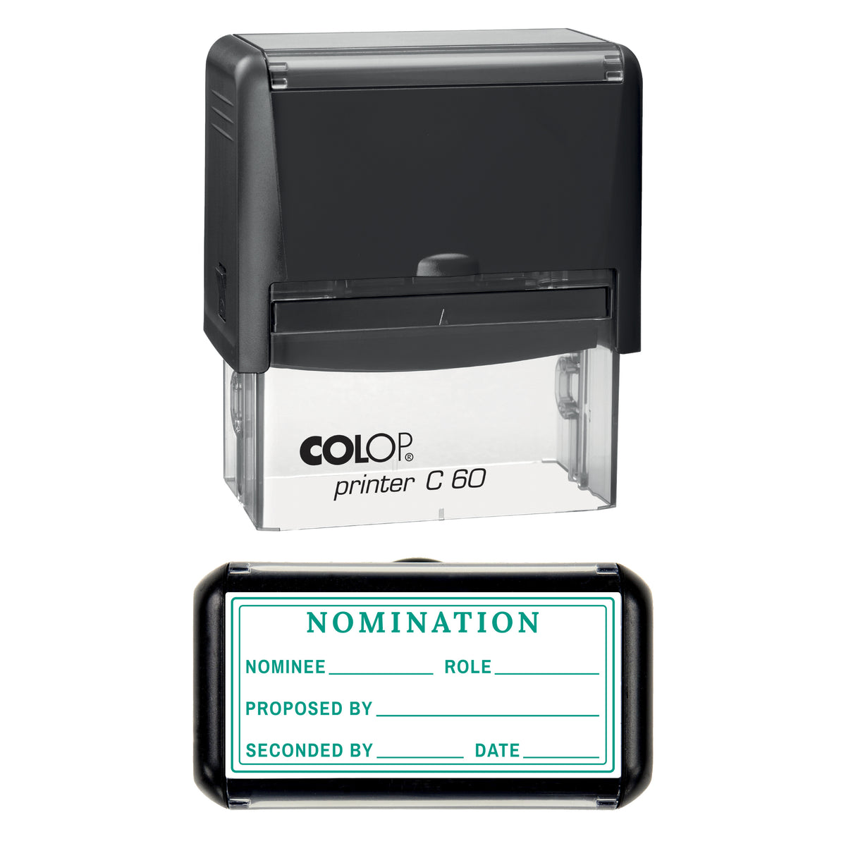 Stamp showing the AGM Nomination design, 77 x 36mm COLOP C60 self-inking stamp, green ink