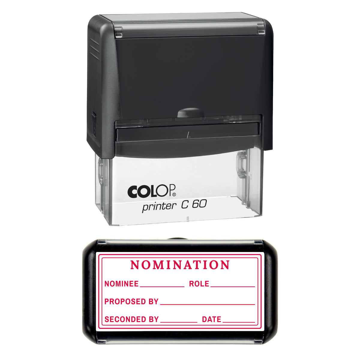 Stamp showing the AGM Nomination design, 77 x 36mm COLOP C60 self-inking stamp, red ink