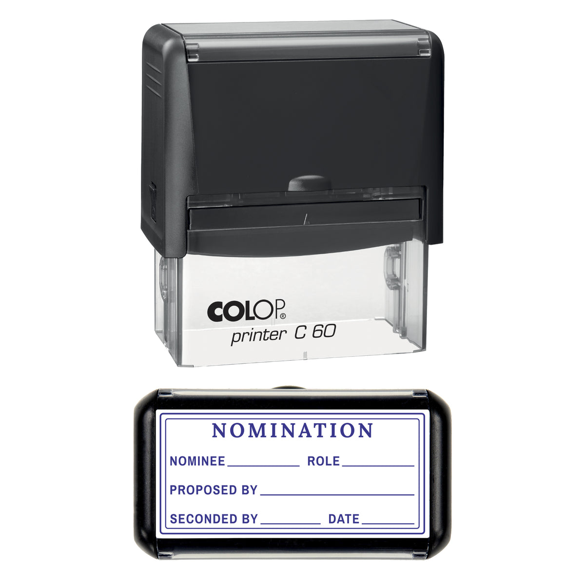 Stamp showing the AGM Nomination design, 77 x 36mm COLOP C60 self-inking stamp, violet ink