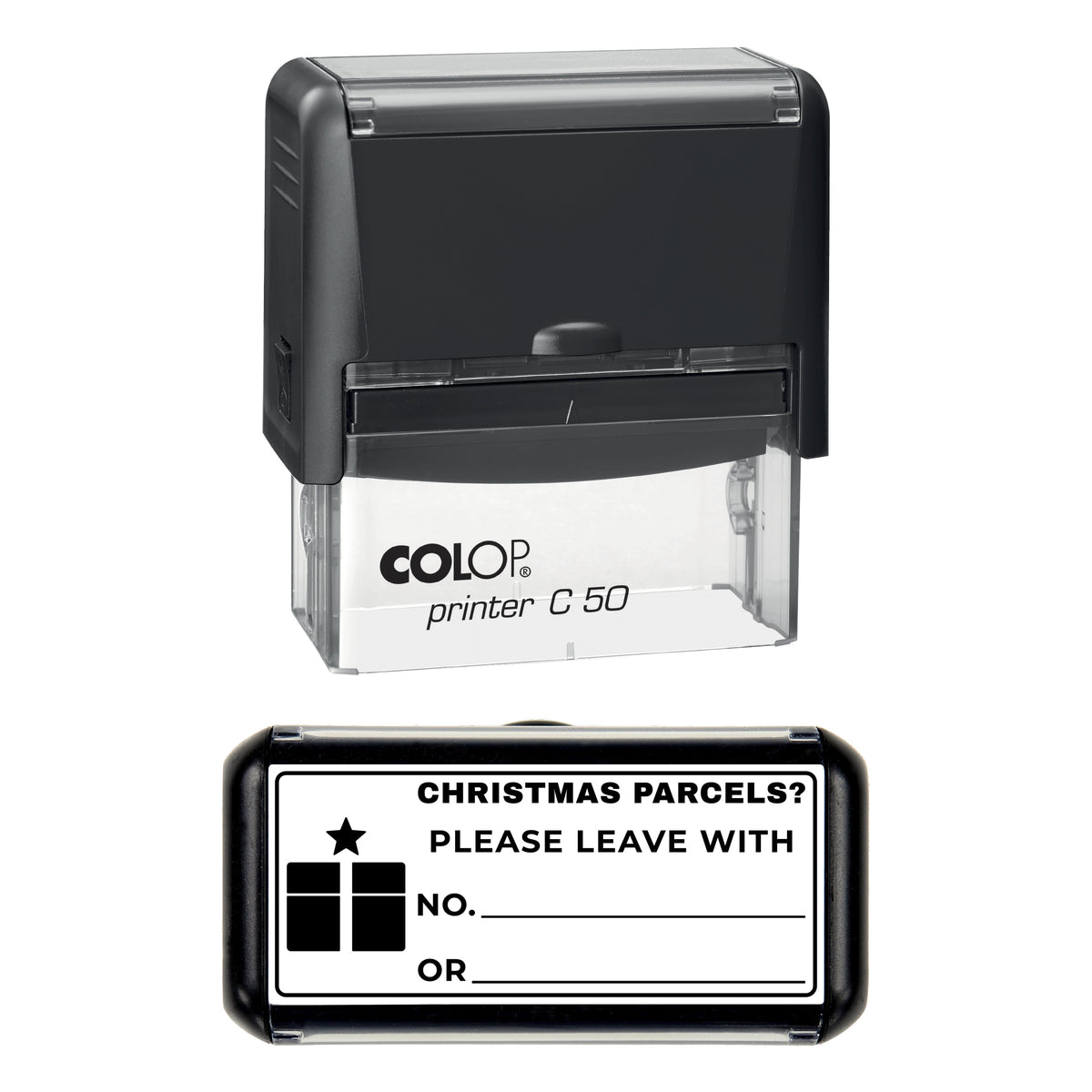 Christmas Parcels Please Leave With Stamp, COLOP C50, 70 x 30mm, black ink