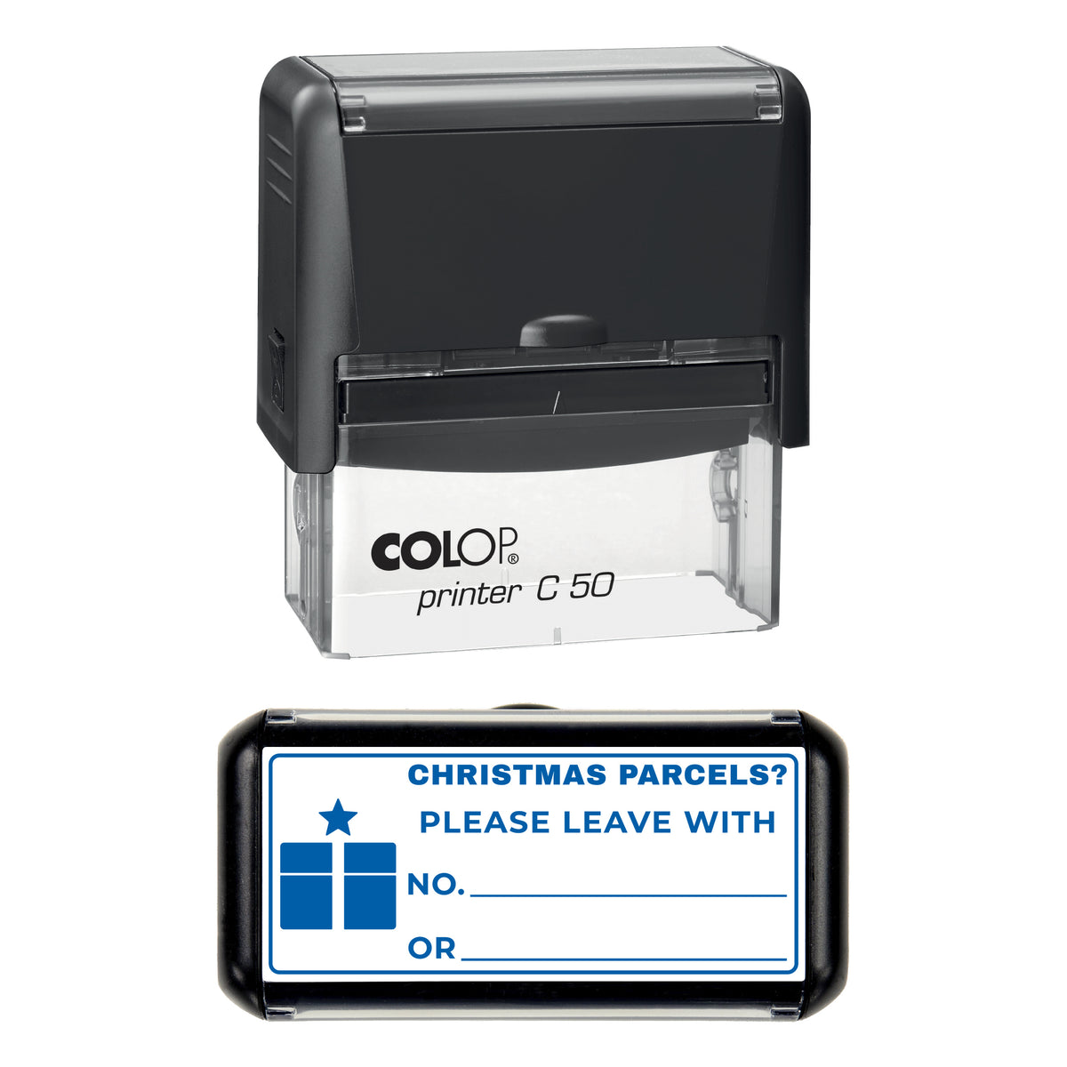 Christmas Parcels Please Leave With Stamp, COLOP C50, 70 x 30mm, blue ink