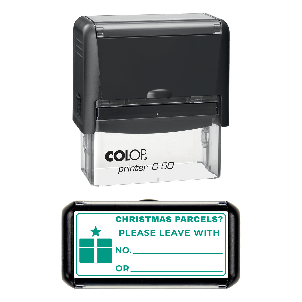 Christmas Parcels Please Leave With Stamp, COLOP C50, 70 x 30mm, green ink