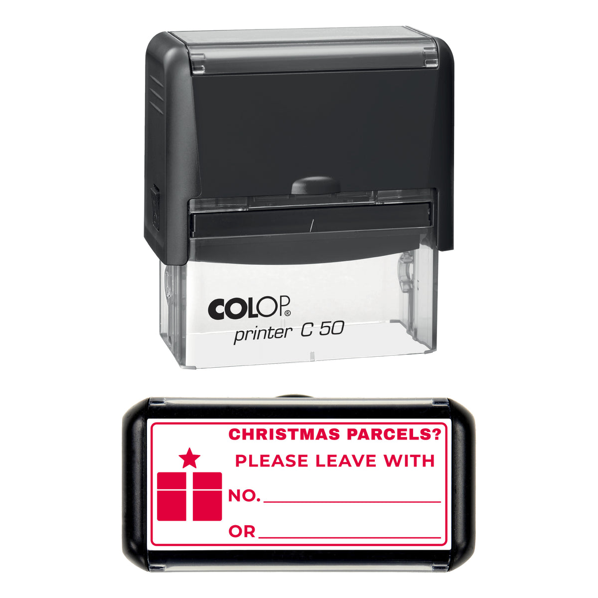 Christmas Parcels Please Leave With Stamp, COLOP C50, 70 x 30mm, red ink