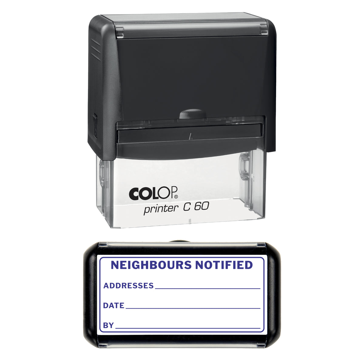Stamp showing the Neighbours Notified design, 77 x 36mm COLOP C60 self-inking stamp, violet ink