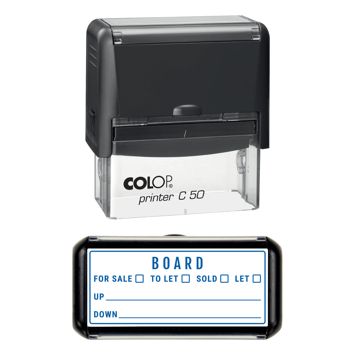 Stamp showing the Estate Agent Board design, 70 x 30mm COLOP C50 self-inking stamp, blue ink