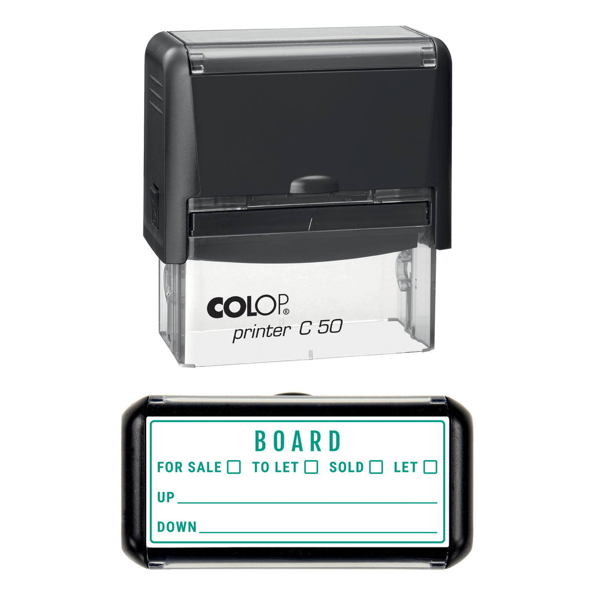 Stamp showing the Estate Agent Board design, 70 x 30mm COLOP C50 self-inking stamp, green ink