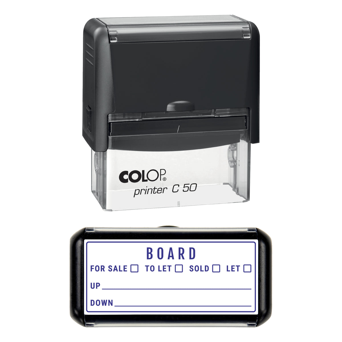 Stamp showing the Estate Agent Board design, 70 x 30mm COLOP C50 self-inking stamp, violet ink