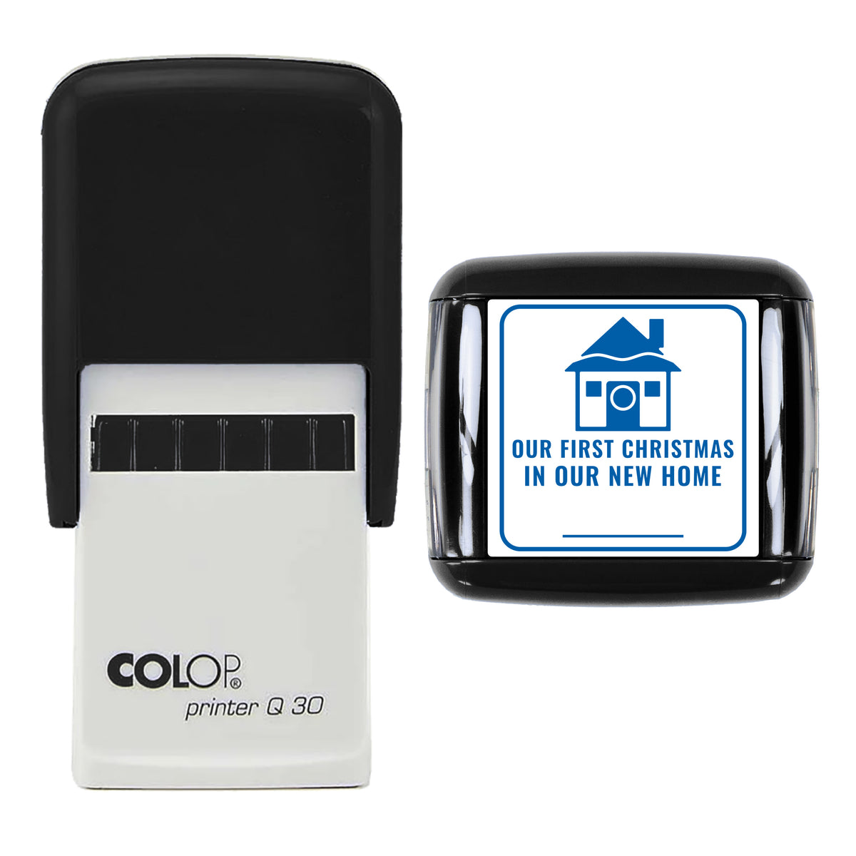 Our First Christmas in Our New Home Stamp, COLOP Q30, 30 x 30mm, blue ink