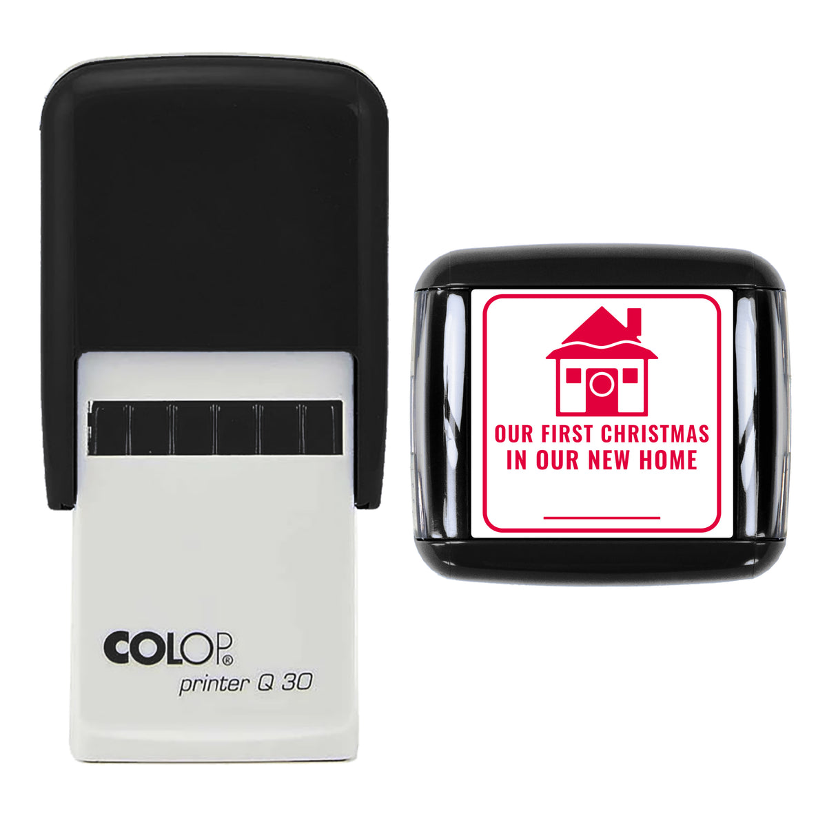 Our First Christmas in Our New Home Stamp, COLOP Q30, 30 x 30mm, red ink