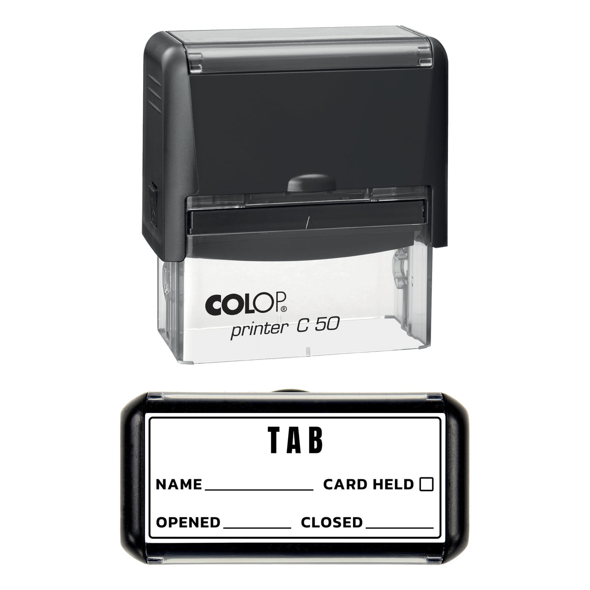 Stamp showing the Bar Tab design, 70 x 30mm COLOP C50 self-inking stamp, black ink