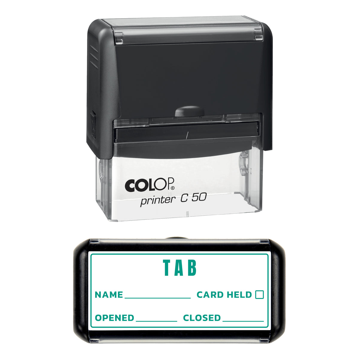 Stamp showing the Bar Tab design, 70 x 30mm COLOP C50 self-inking stamp, green ink
