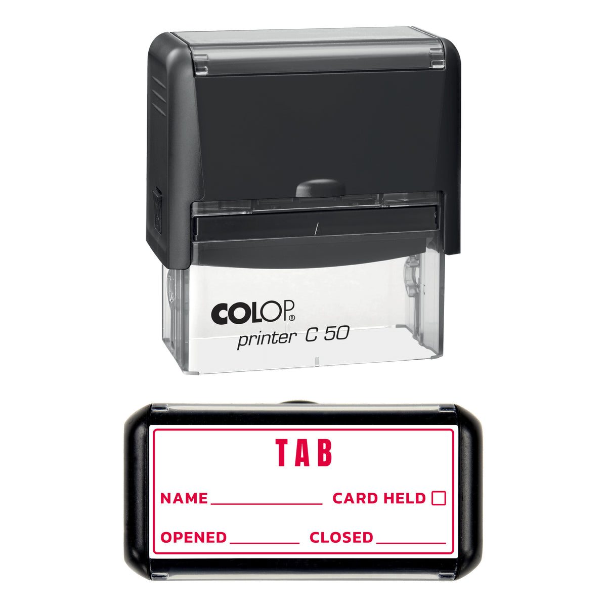 Stamp showing the Bar Tab design, 70 x 30mm COLOP C50 self-inking stamp, red ink