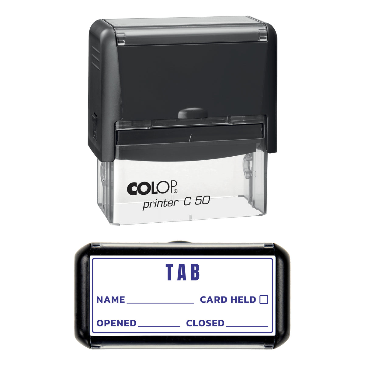 Stamp showing the Bar Tab design, 70 x 30mm COLOP C50 self-inking stamp, violet ink