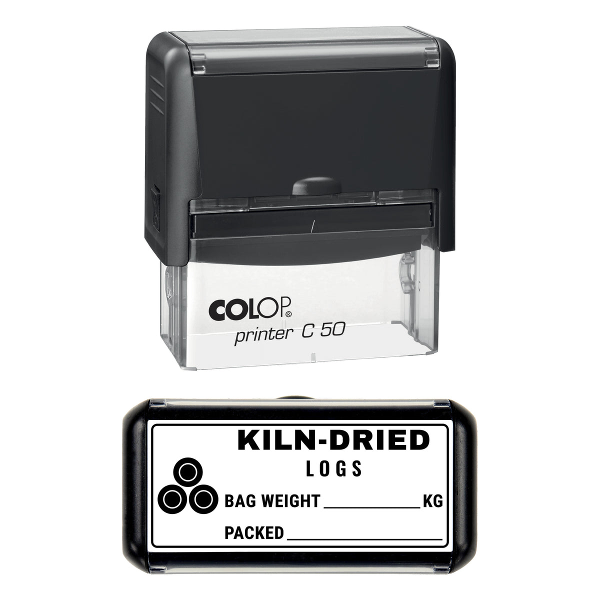 Kiln-Dried Logs Bag Label Stamp, COLOP C50, 70 x 30mm, black ink