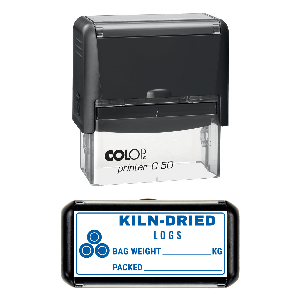 Kiln-Dried Logs Bag Label Stamp, COLOP C50, 70 x 30mm, blue ink