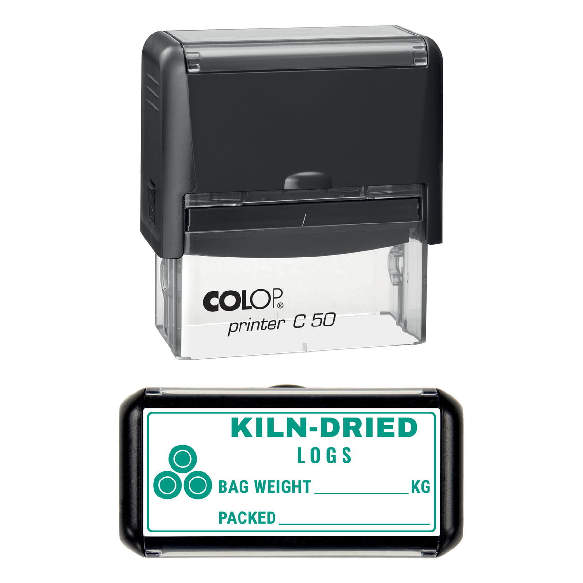 Kiln-Dried Logs Bag Label Stamp, COLOP C50, 70 x 30mm, green ink