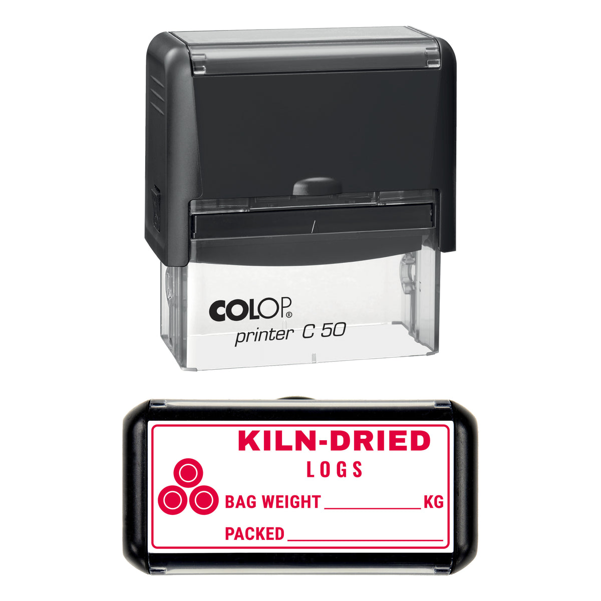 Kiln-Dried Logs Bag Label Stamp, COLOP C50, 70 x 30mm, red ink