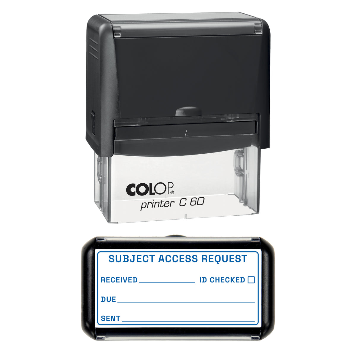Stamp showing the Subject Access Request design, 77 x 36mm COLOP C60 self-inking stamp, blue ink