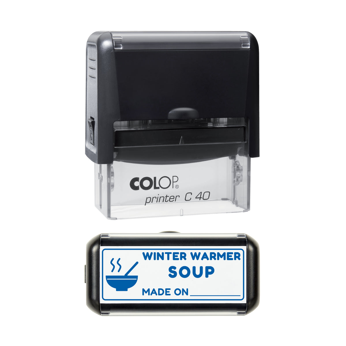 Winter Warmer Soup Label Stamp, COLOP C40, 58 x 22mm, blue ink