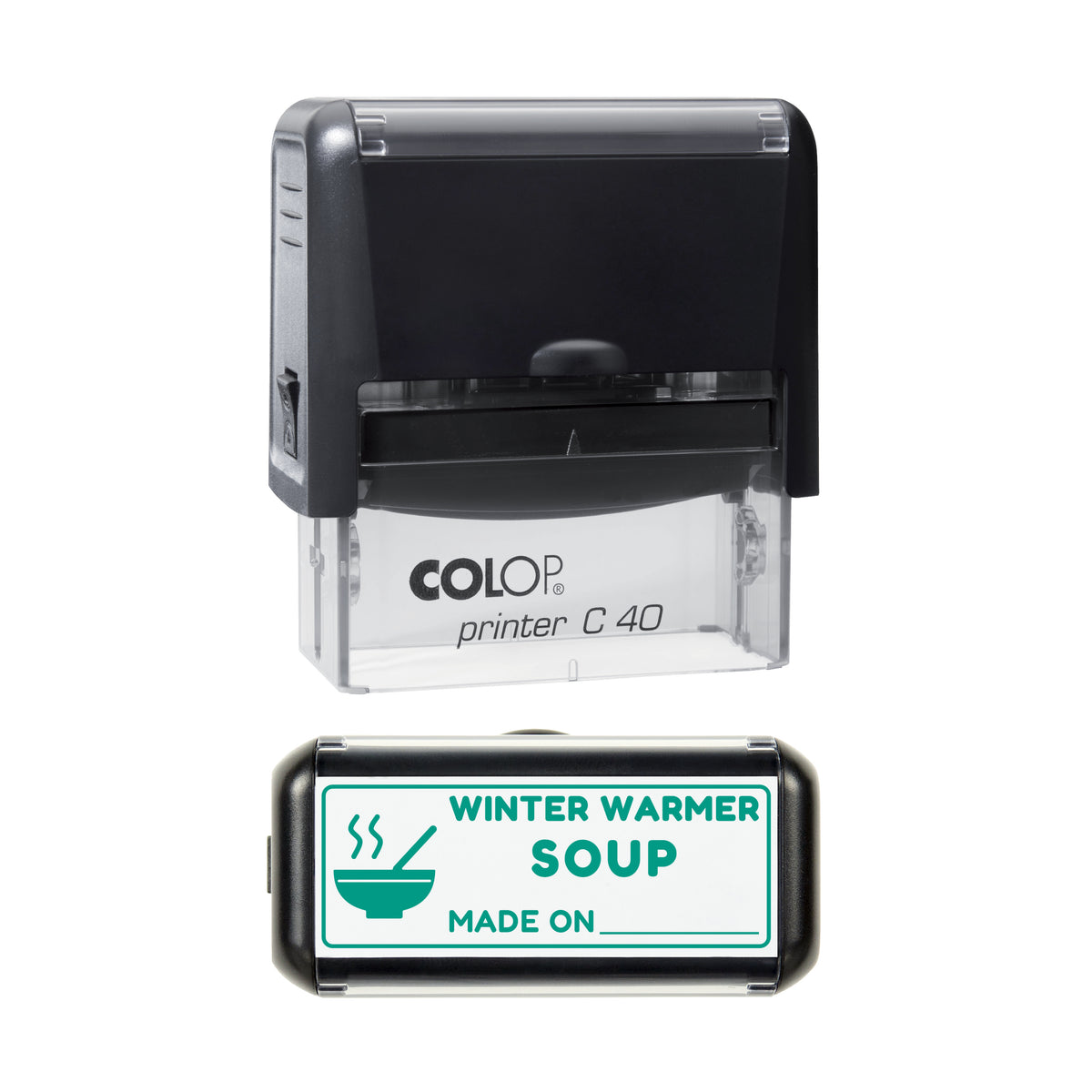 Winter Warmer Soup Label Stamp, COLOP C40, 58 x 22mm, green ink