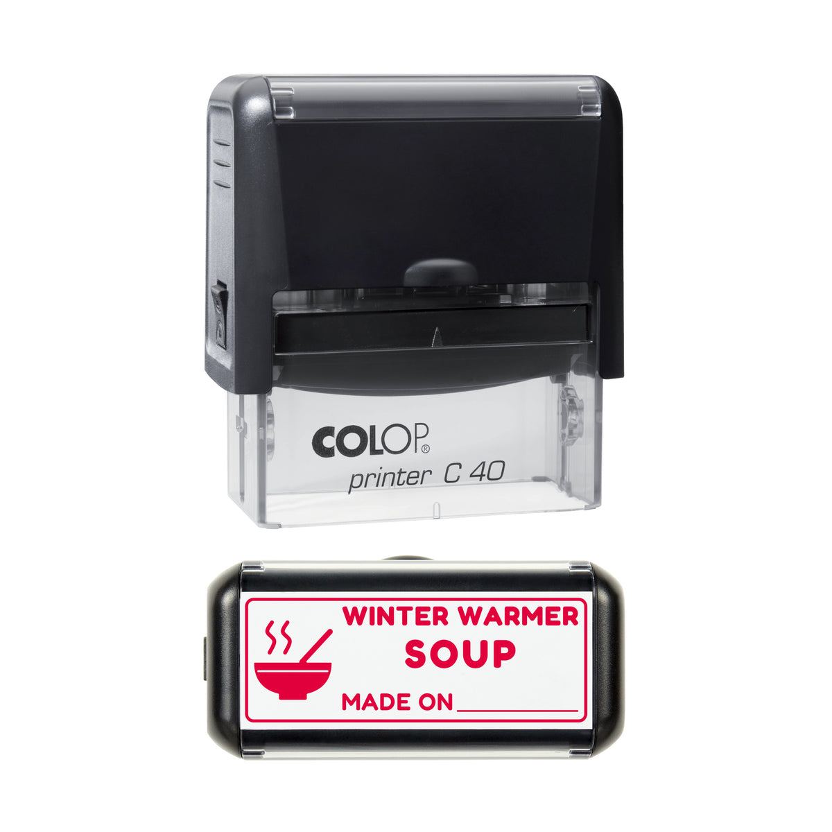 Winter Warmer Soup Label Stamp, COLOP C40, 58 x 22mm, red ink